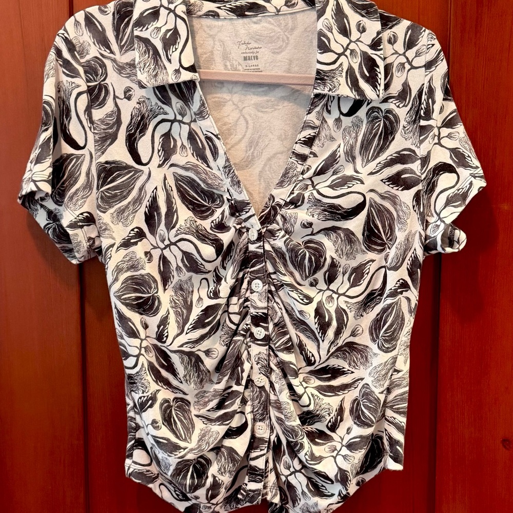 Maeve for Anthropologie Black and White Ruched Blouse